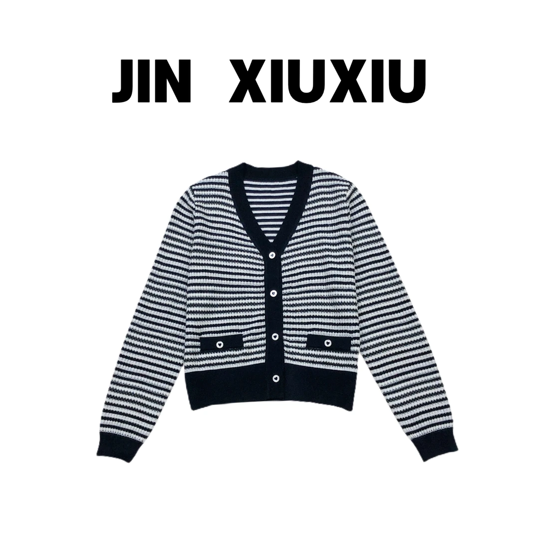 【金秀秀】1339韩国东大门新款V领条纹开衫99016