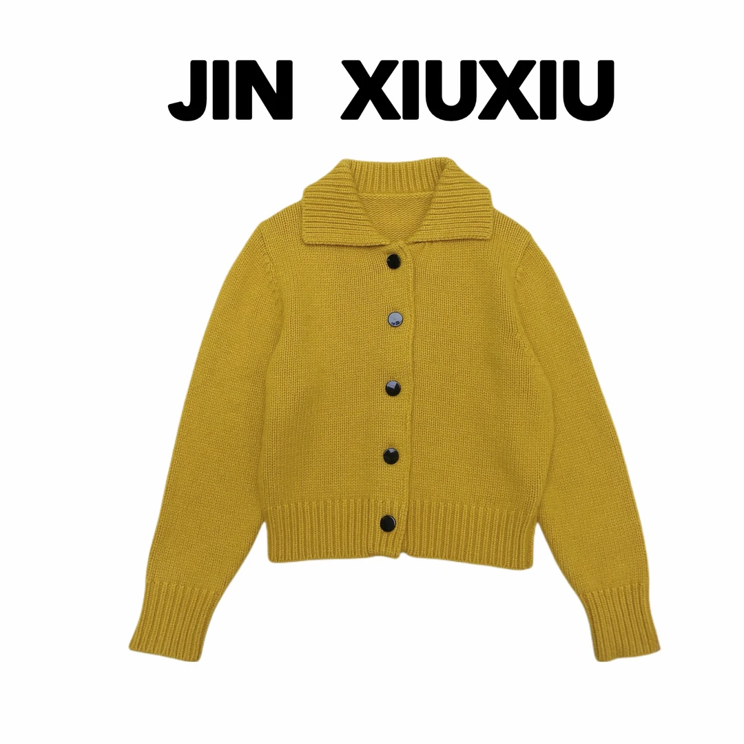 【金秀秀】【深圳出品】1372秋冬新款翻领单排扣纯色百搭毛衣