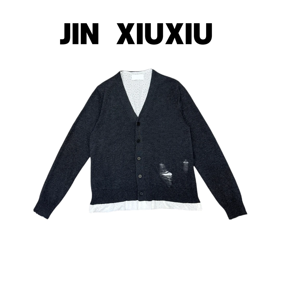 【金秀秀】【深圳出品】126秋冬新款假两件V领破洞针织开衫