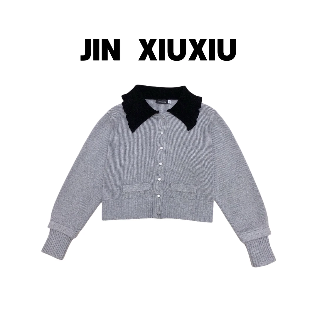 【金秀秀】【小黑领】1106韩国东大门娃娃领单排扣针织开衫