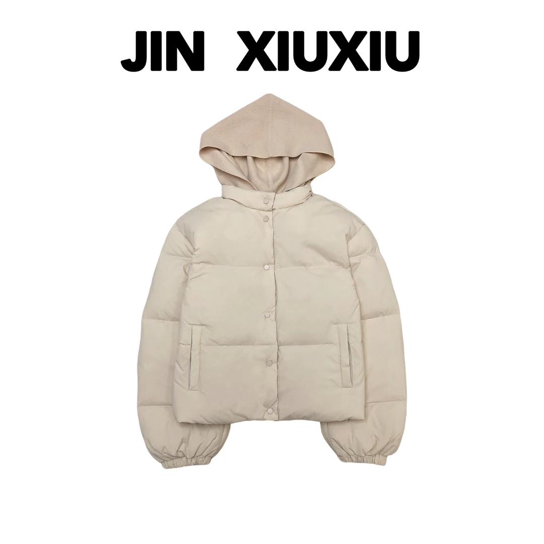 【金秀秀】【东大门原单】【深圳出品】1483秋冬新款拼接针织帽羽绒服