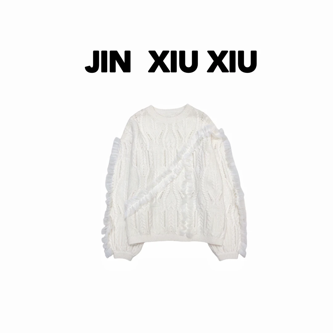 【金秀秀】【深圳出品】1034秋冬新款圆领麻花编织蕾丝拼接套头毛衣