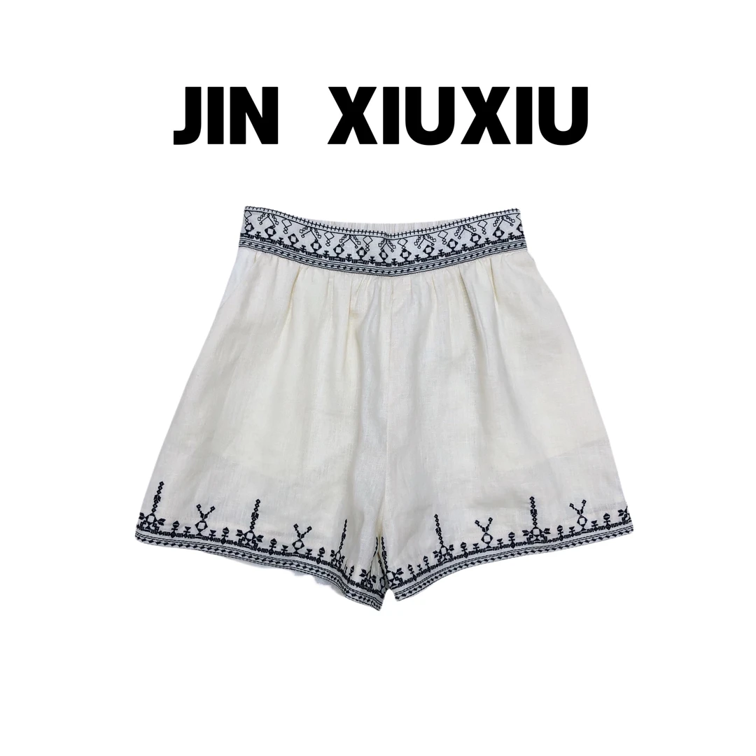 JINXIUXIU【100亚麻】371时尚轻奢提花夏季短裤设计师高奢女士