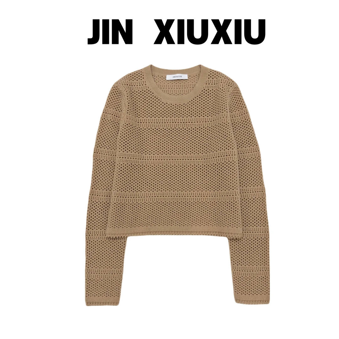 【金秀秀】【深圳出品】1009圆领竹节镂空纯色长袖毛衣
