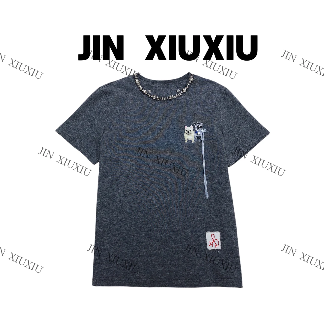 【金秀秀】【小狗伴侣】【深圳高端货】226新款圆领带钻两只小狗短袖