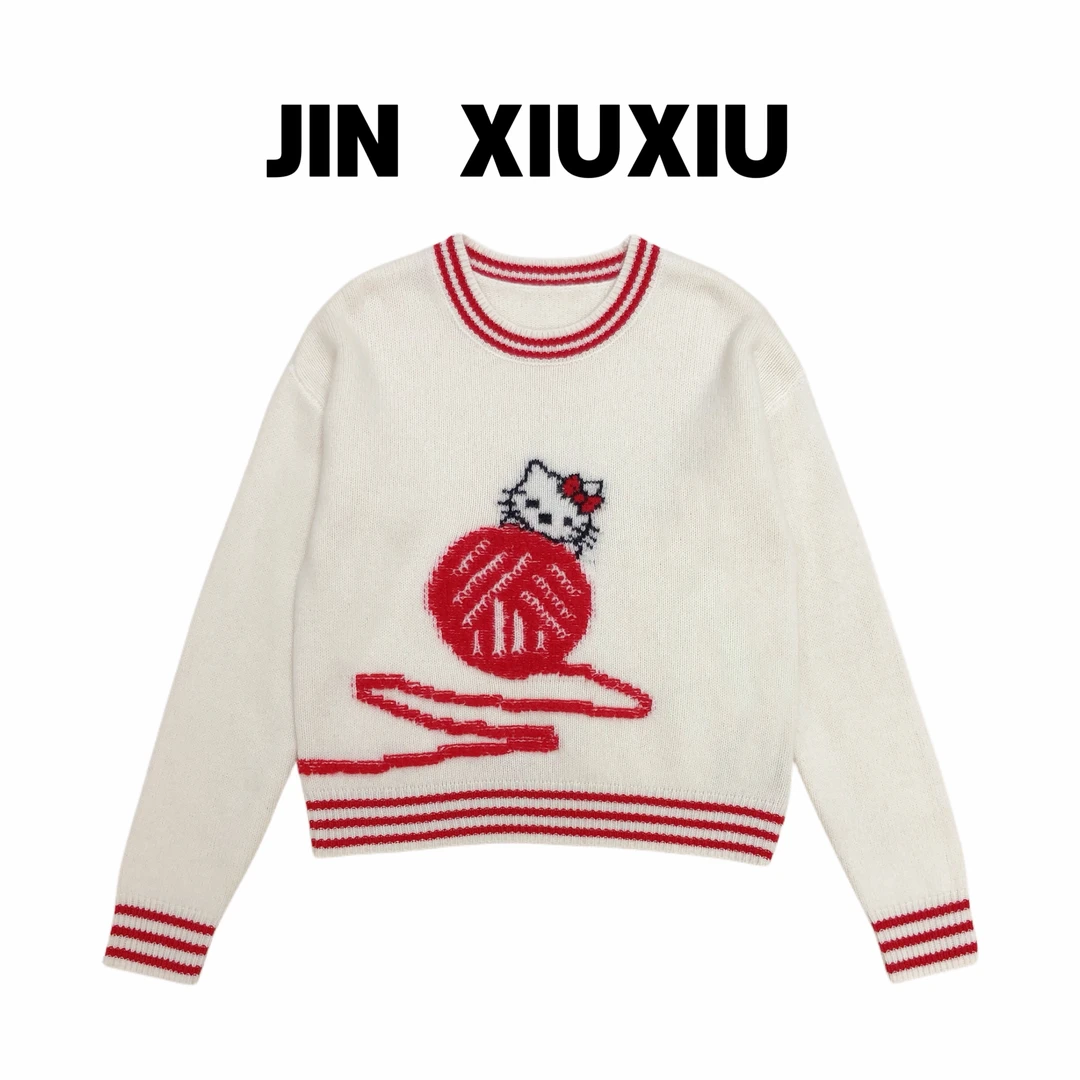 【金秀秀】583韩国东大门新款卡通猫咪圆领毛衣