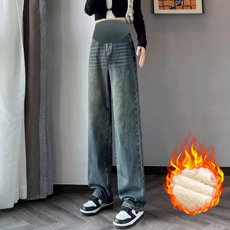 孕妇牛仔裤阔腿秋冬加绒宽松秋款外穿长裤显瘦直筒潮妈高腰托腹裤
