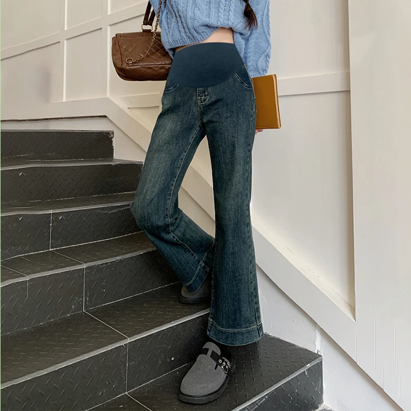 孕妇牛仔喇叭裤九分微喇春秋款裤阔腿裤外穿宽松直筒休闲裤秋冬装