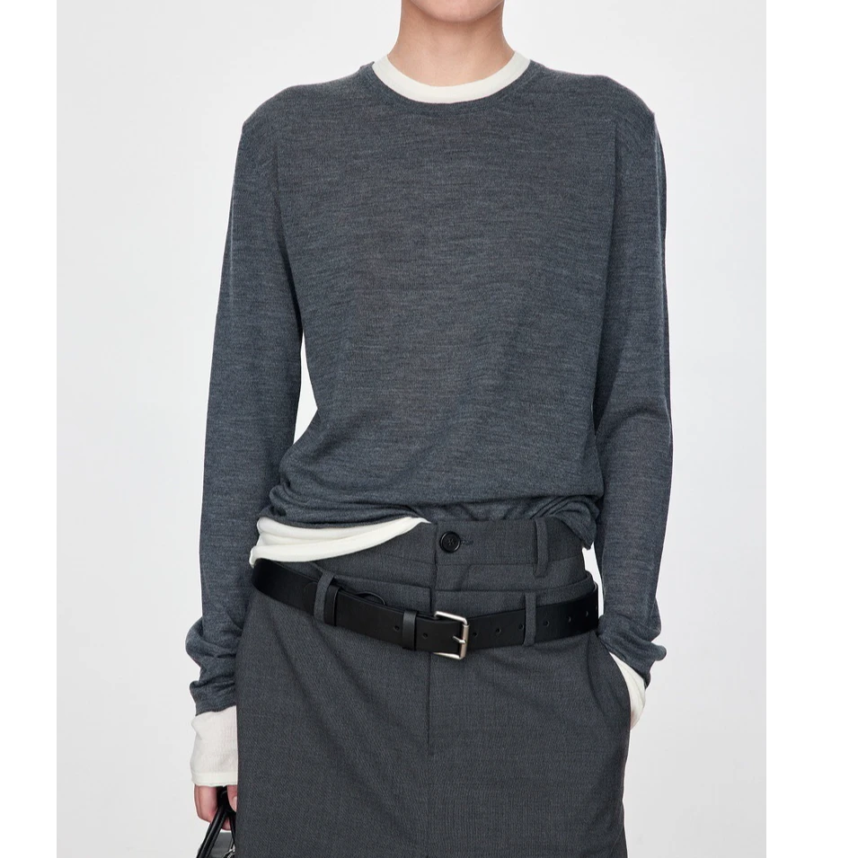 【可机洗羊毛混纺】爆款假两件叠穿拼色长袖-空气T女