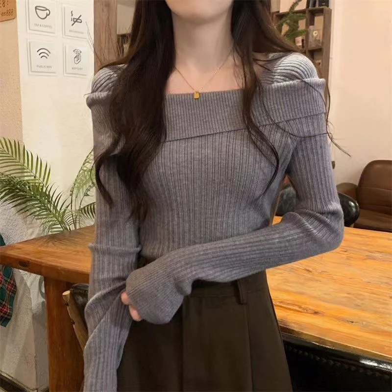 一字肩针织衫女洋气季新款打底衫内搭设计感小众高级感修身上衣