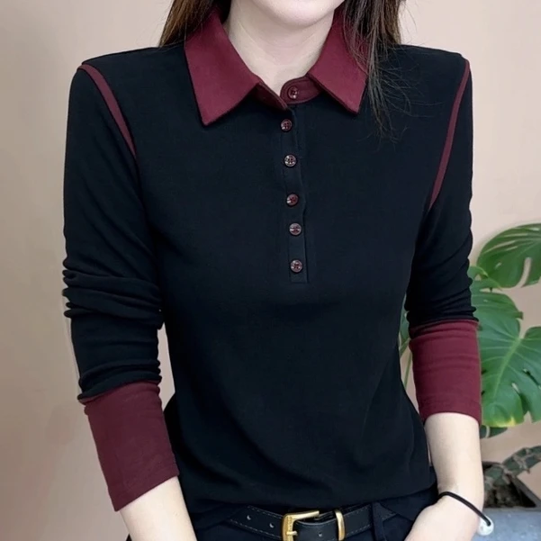 2024秋冬新品时尚百搭气质修身显瘦个性POLO领打底衫女士上衣7681