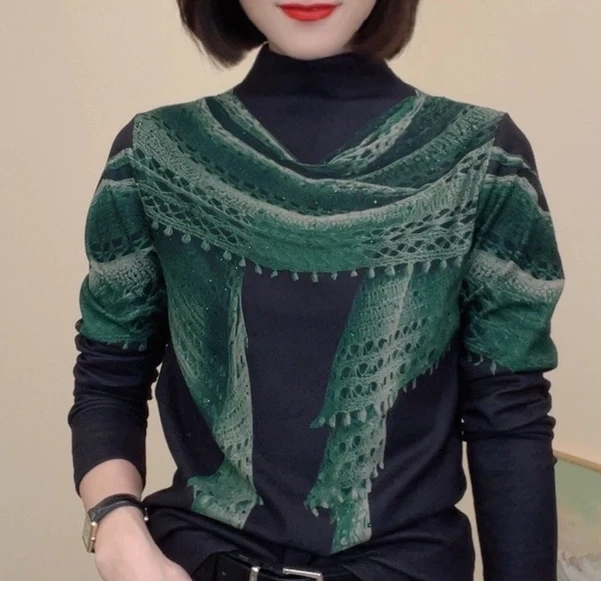38610秋冬新款T恤时尚百搭设计感假围巾减龄女士打底衫