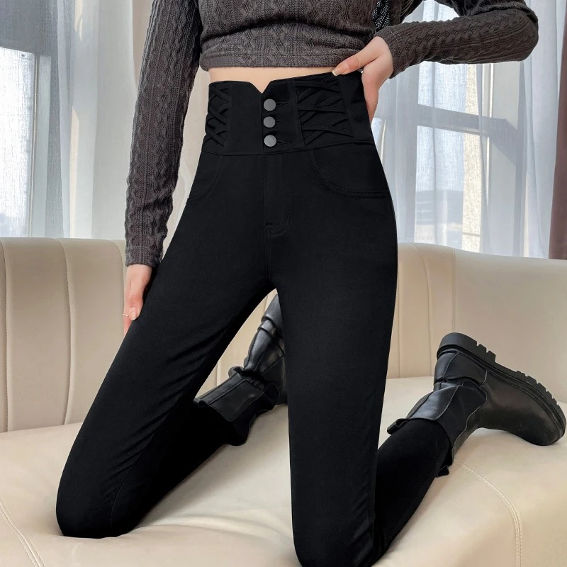 加绒高腰打底裤女秋冬外穿2022新款冬季保暖黑色小黑裤小脚裤子女
