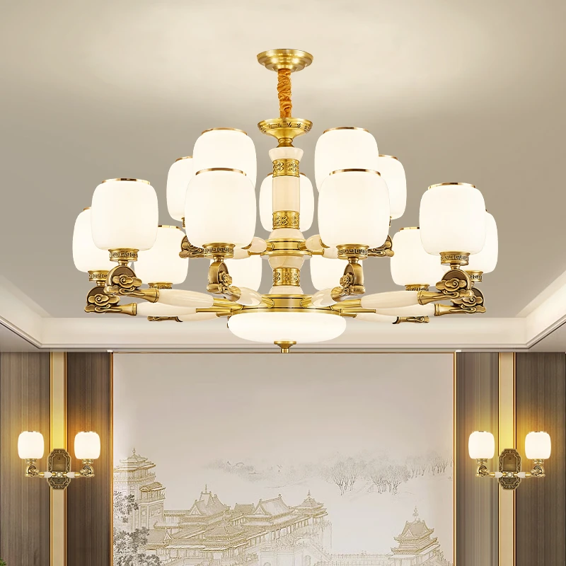 新中式酒店家用吊灯玉石灯中国风餐厅卧室灯别墅复式楼大厅主灯具