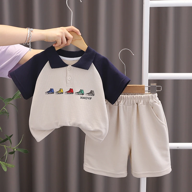 小一峰夏季儿童翻领短袖+短裤两件套针织珠地棉高品质童装男女宝~