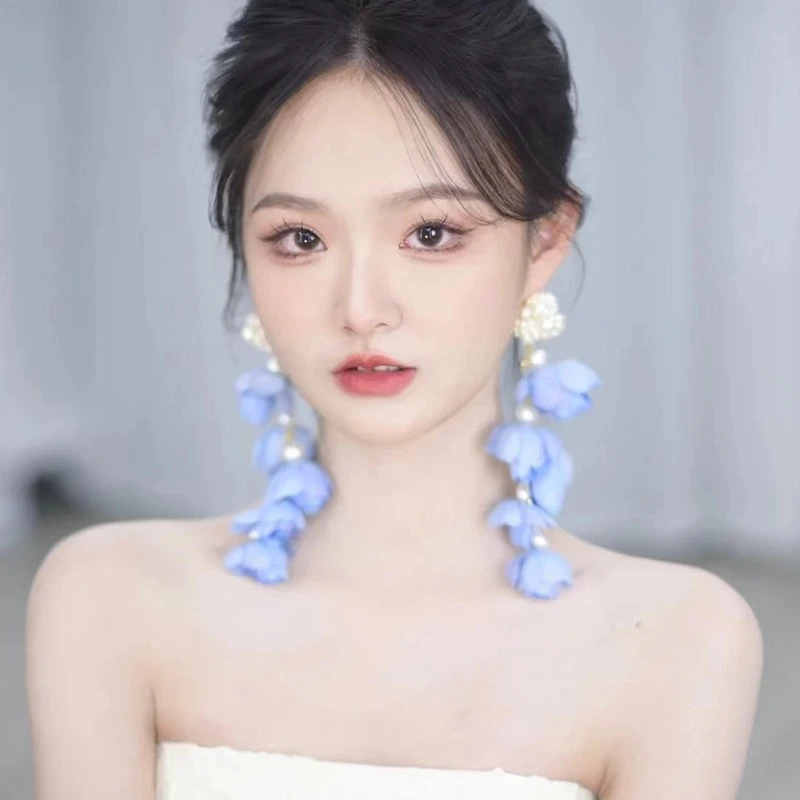 铜合金亚克力耳饰 森系花朵长款夸张耳环新娘超仙结婚纱流苏耳饰