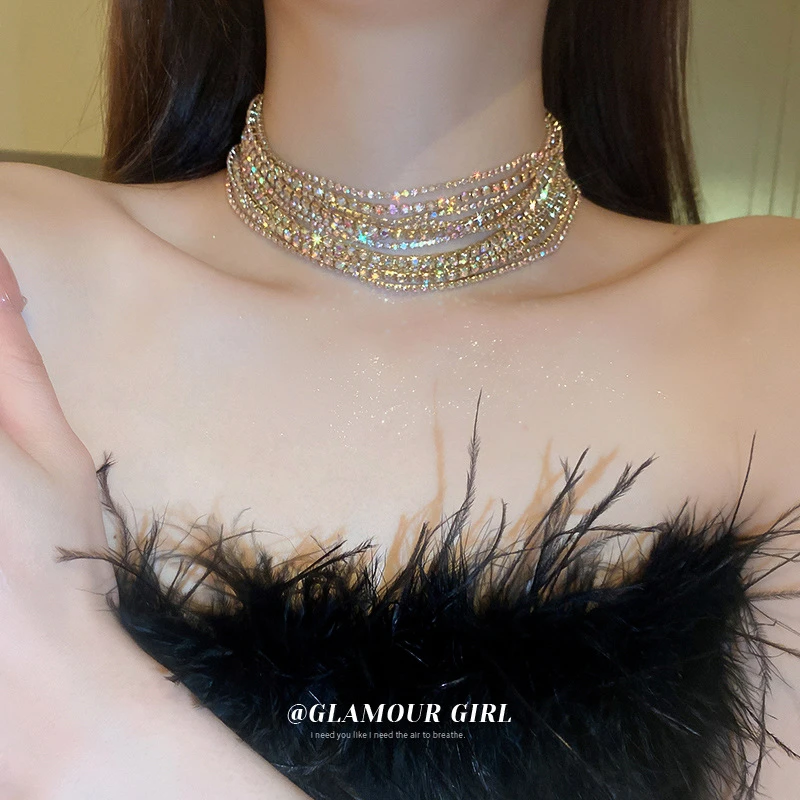 铜合金亚克力项链 镶钻ins多层项链时尚轻奢锁骨链小众新款颈链女