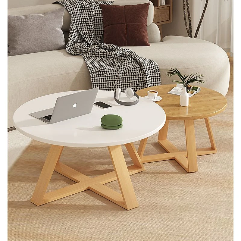 茶几客厅家用小户型原木奶油风实木组合茶几办公室圆形网红茶桌子