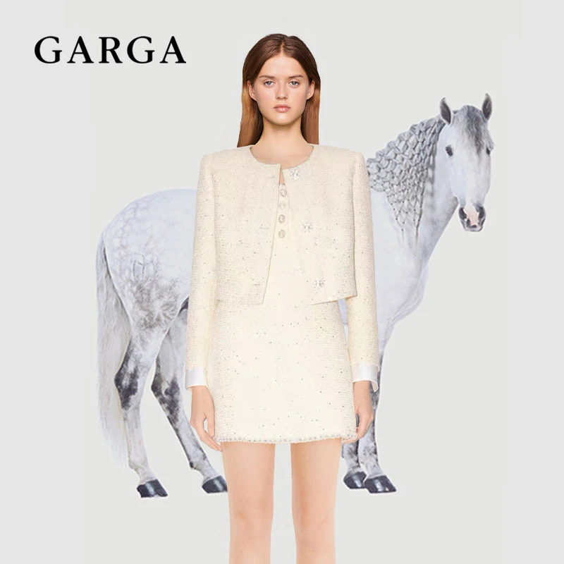GARGA小香风珍珠扣粗花呢短款外套2025秋季新款名媛圆领夹克上衣