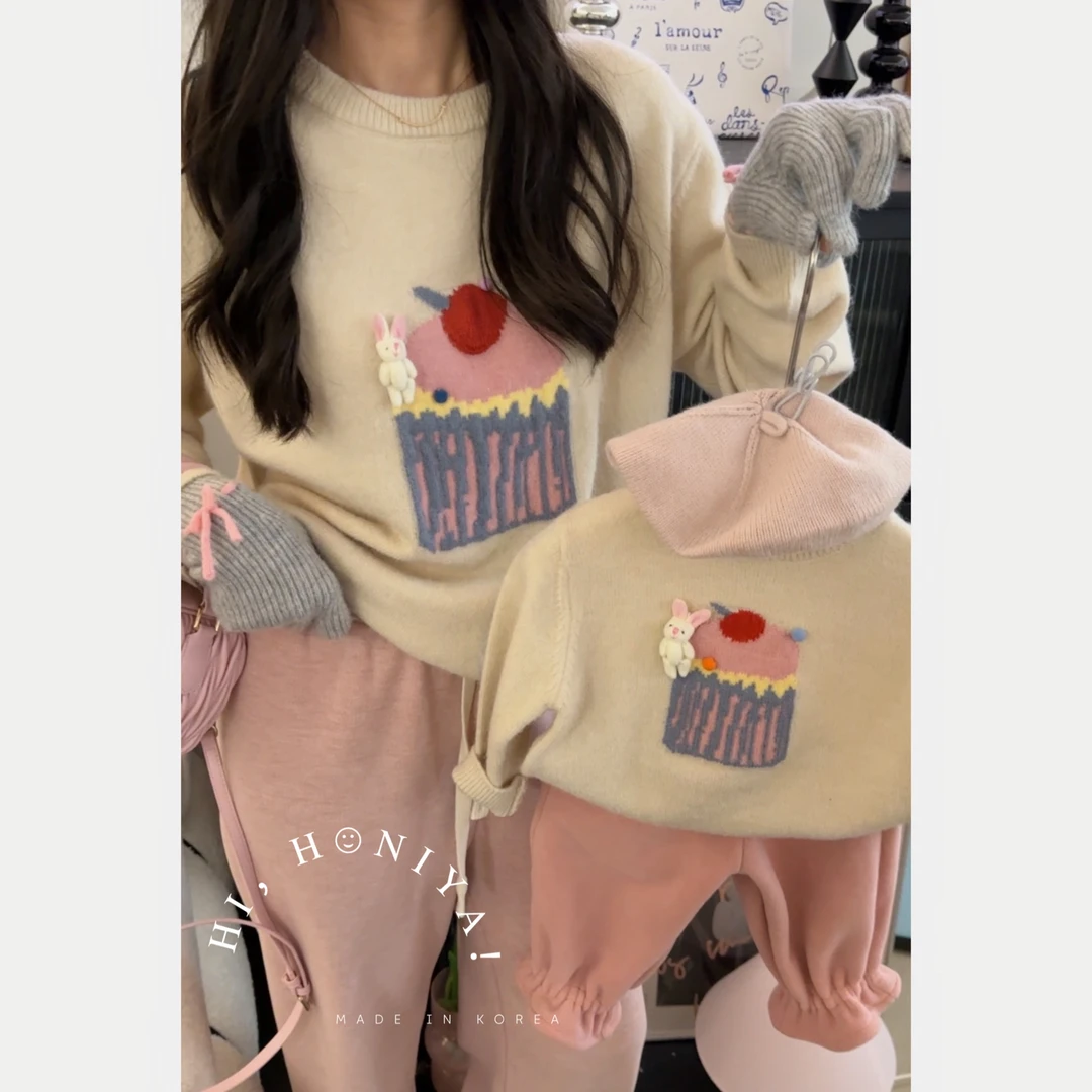 现【桃子泡芙】Hihoniya~2023秋冬新品蛋糕立体小兔韩版亲子毛衣