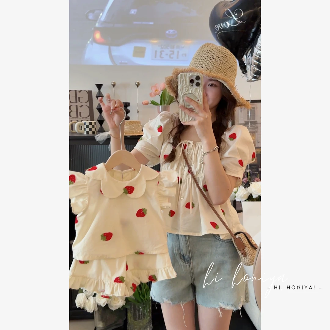 xian【草莓少女】Hihoniya~2023花边领草莓飞袖套装方领上衣亲子装