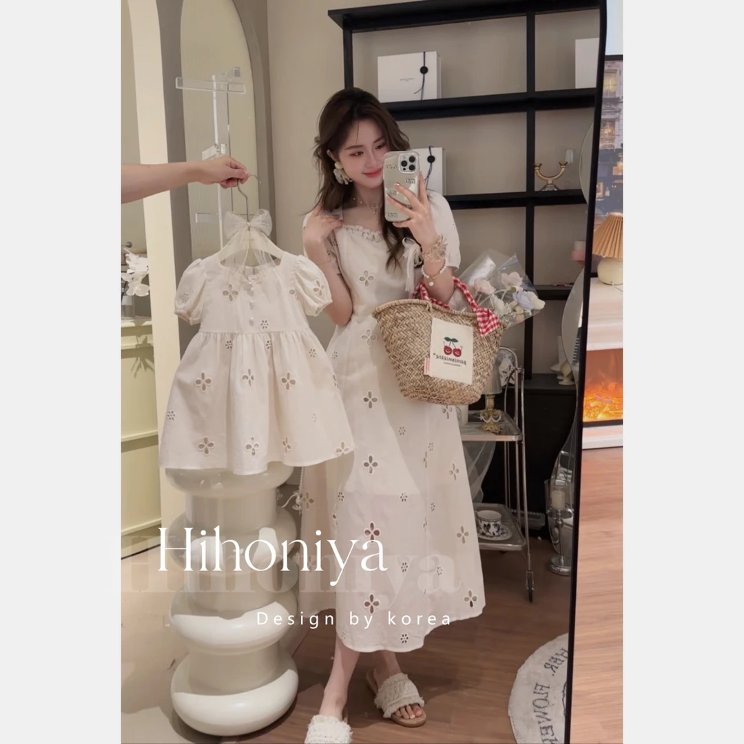 xian【白茶花】二Hihoniya~2024夏季韩版花朵镂空亲子连衣裙