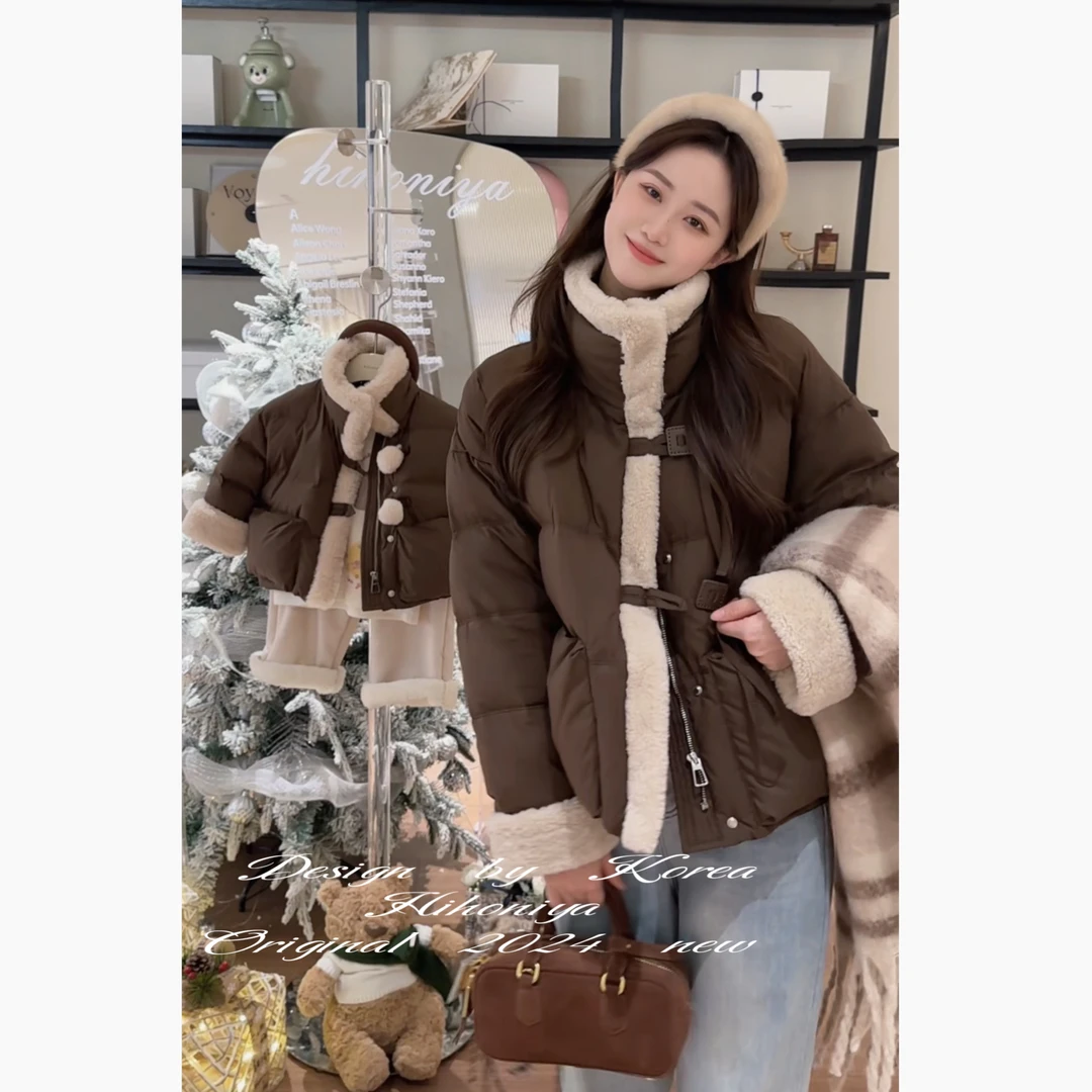 【坚果橡子】二Hihoniya~2024冬季亲子棕色立领90白鸭绒韩版羽绒服