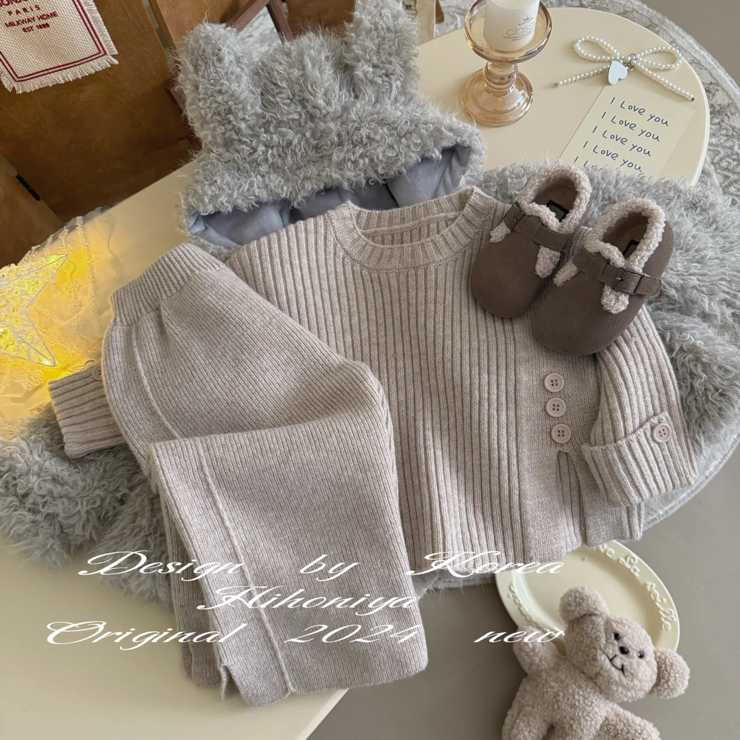 【月牙弯弯】二Hihoniya~2024冬季新款宝宝款纯色慵懒毛衣韩版套装