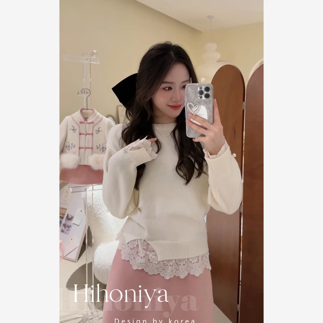 【蕾丝毛衣】Hihoniya~2023秋冬蕾丝钩花拼接针织亲子毛衣韩版