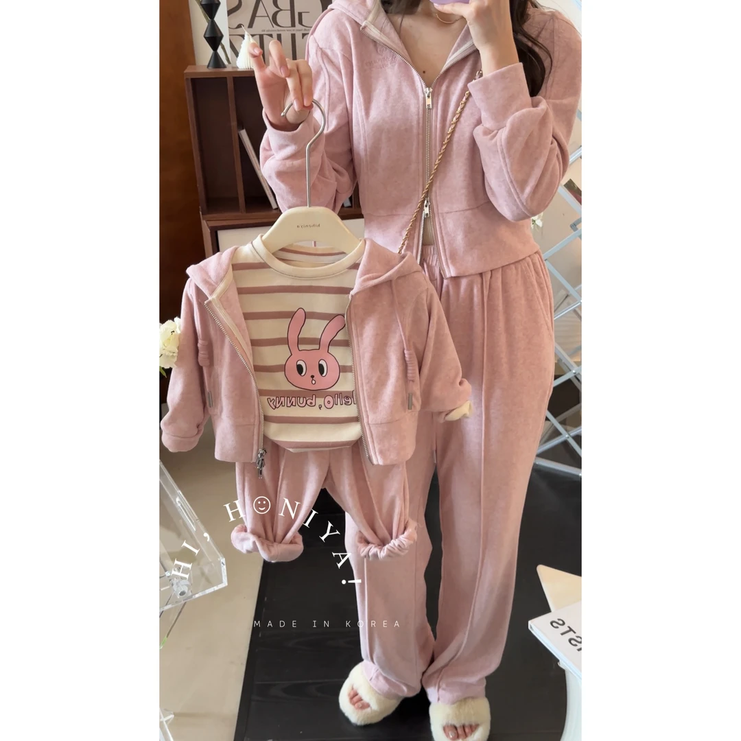 【珊瑚2.0】二Hihoniya~2024春季拉链抽绳连帽亲子卫衣套装韩版童装