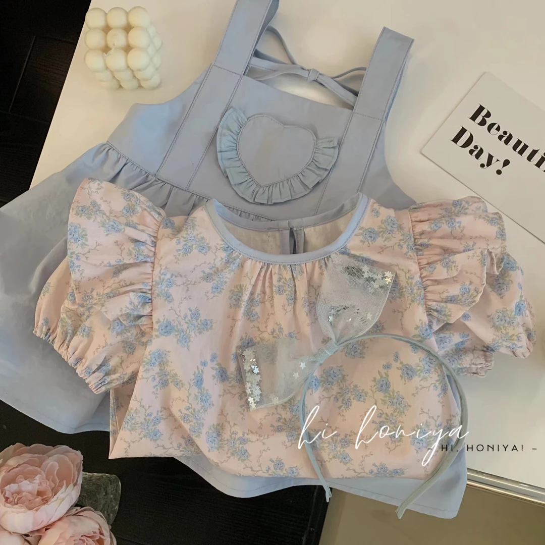 【xian】Hihoniya～【淡奶油】2023新品碎花上衣爱心背带裙套装