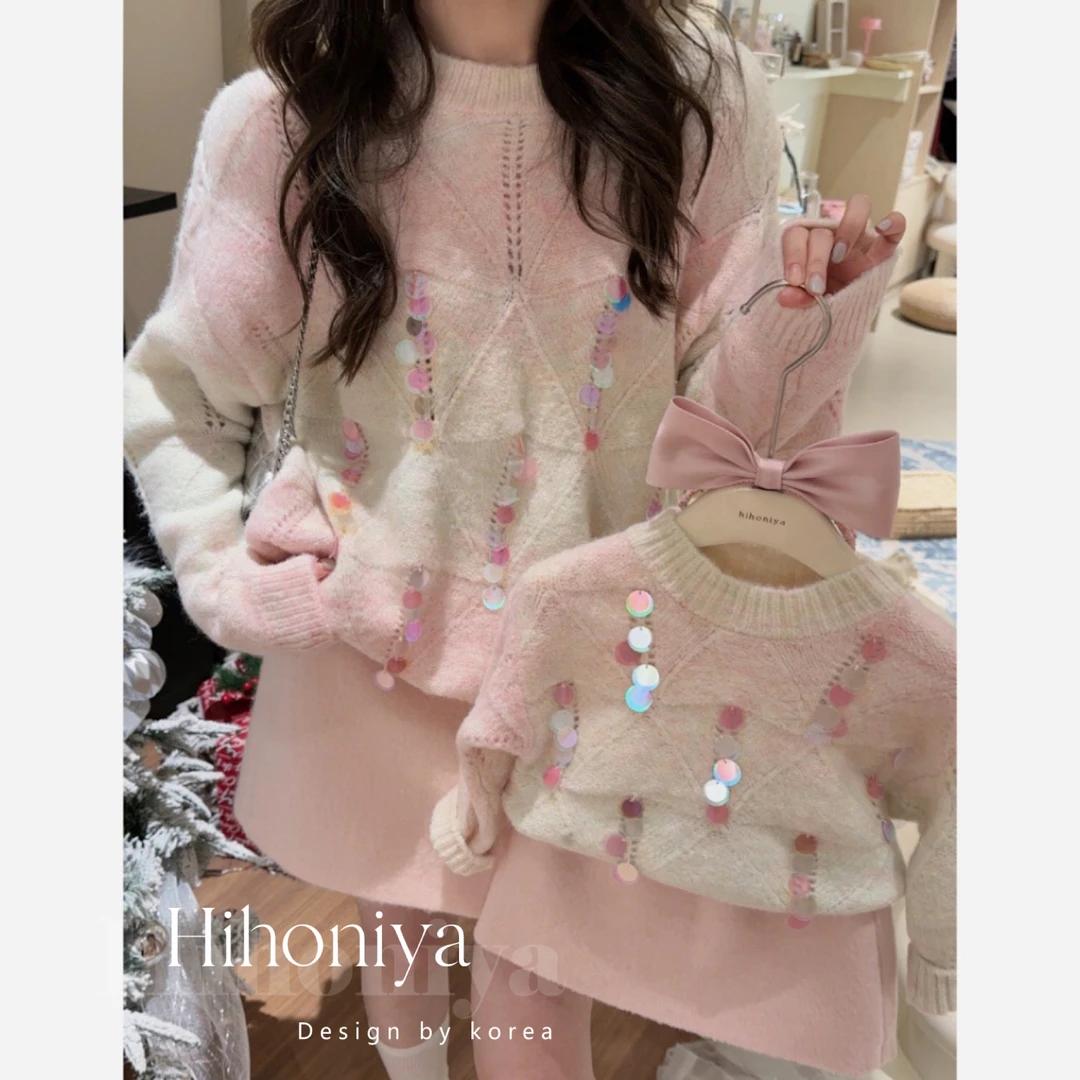 现【心动信号】Hihoniya~冬款新品粉色渐变亮片亲子韩版