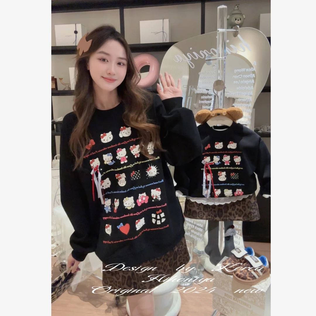 Q【满印Kitty&搭配】二Hihoniya~2024春秋黑亲子满印Kitty韩版卫衣