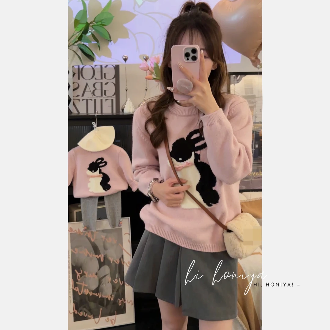 现【丸子兔】二Hihoniya~2023秋冬小兔撞色亲子毛衣甜美风韩版童装