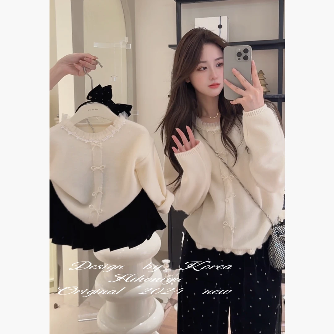 Q【闪闪蝴蝶&搭配】二Hihoniya~2024秋冬亲子气质蝴蝶结韩版毛衣