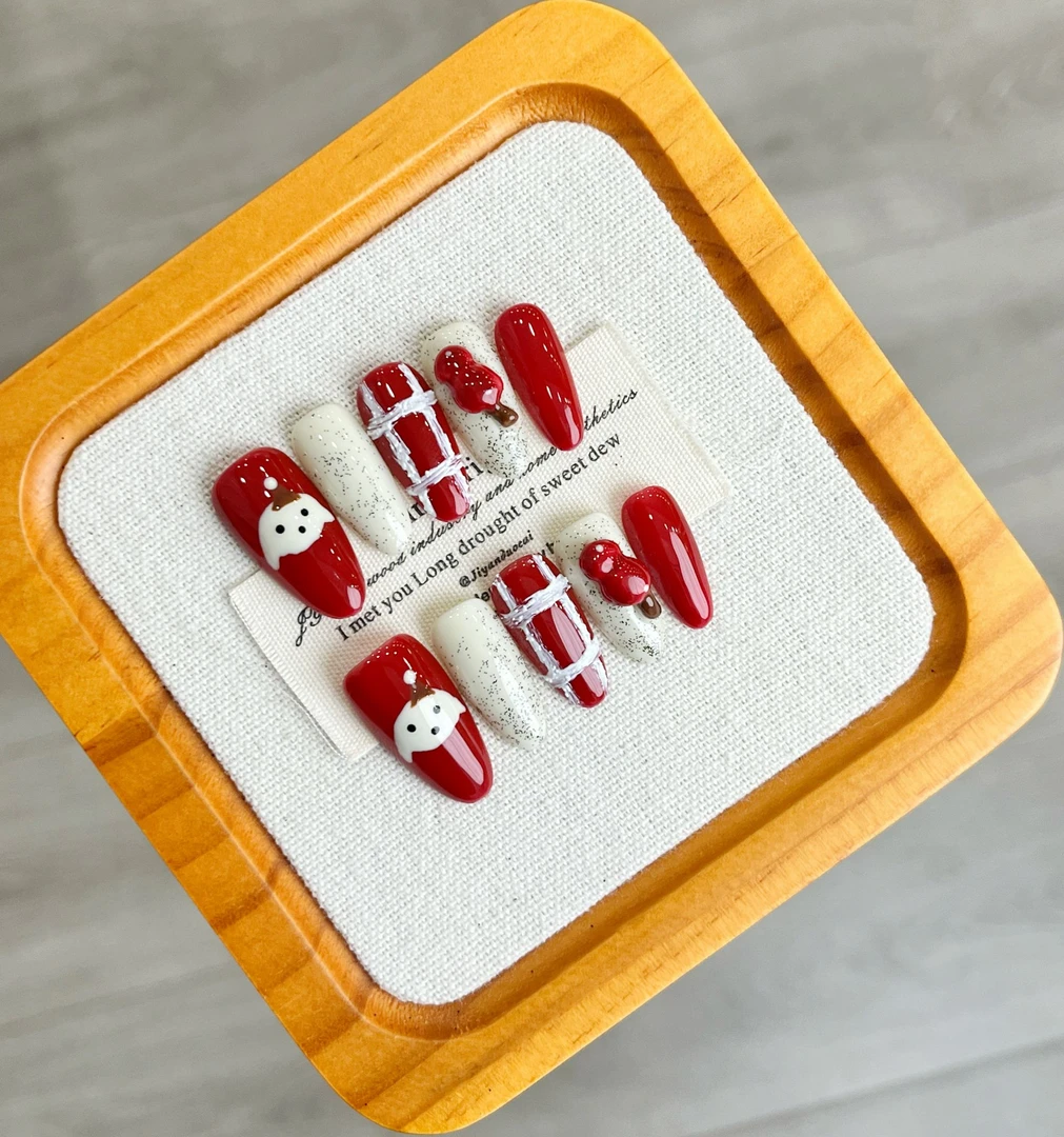 【冰糖葫芦】珍珍手工穿戴甲新年秋冬立体冰糖葫芦手绘狗狗格纹美甲