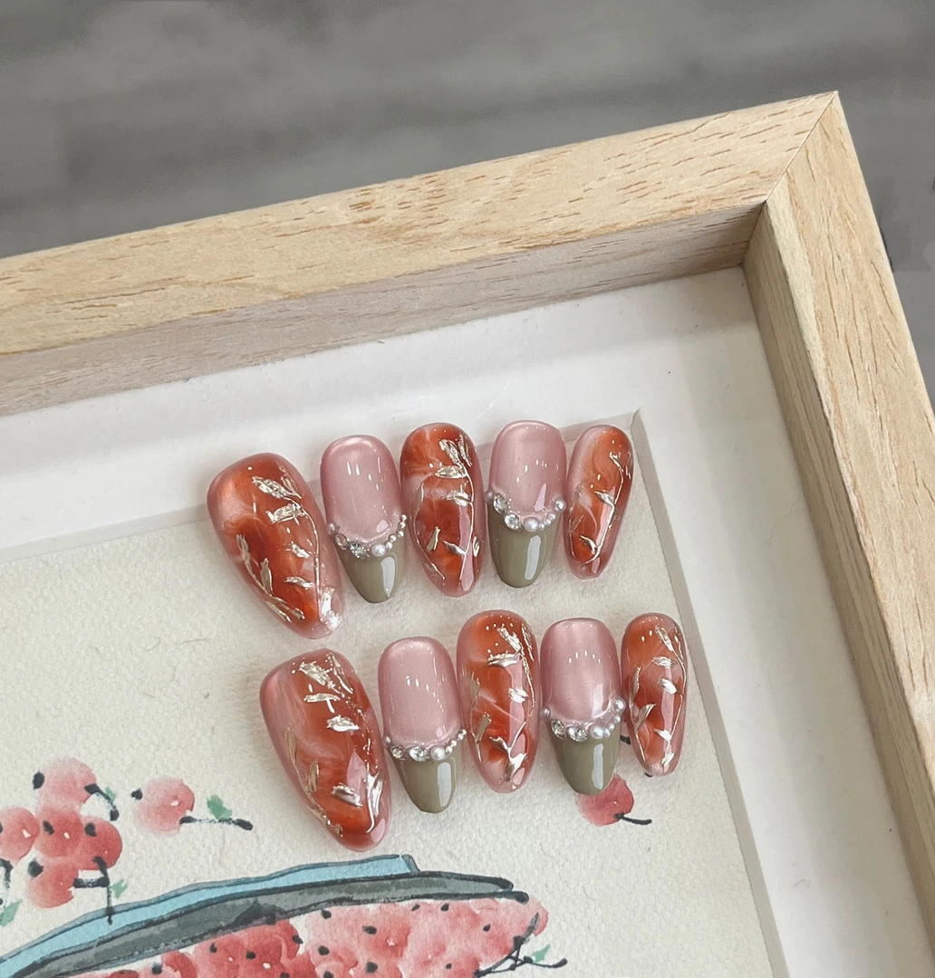 【花想容】珍珍手工穿戴甲玻璃珠粉猫眼法式氛围感晕染高级鎏金美甲