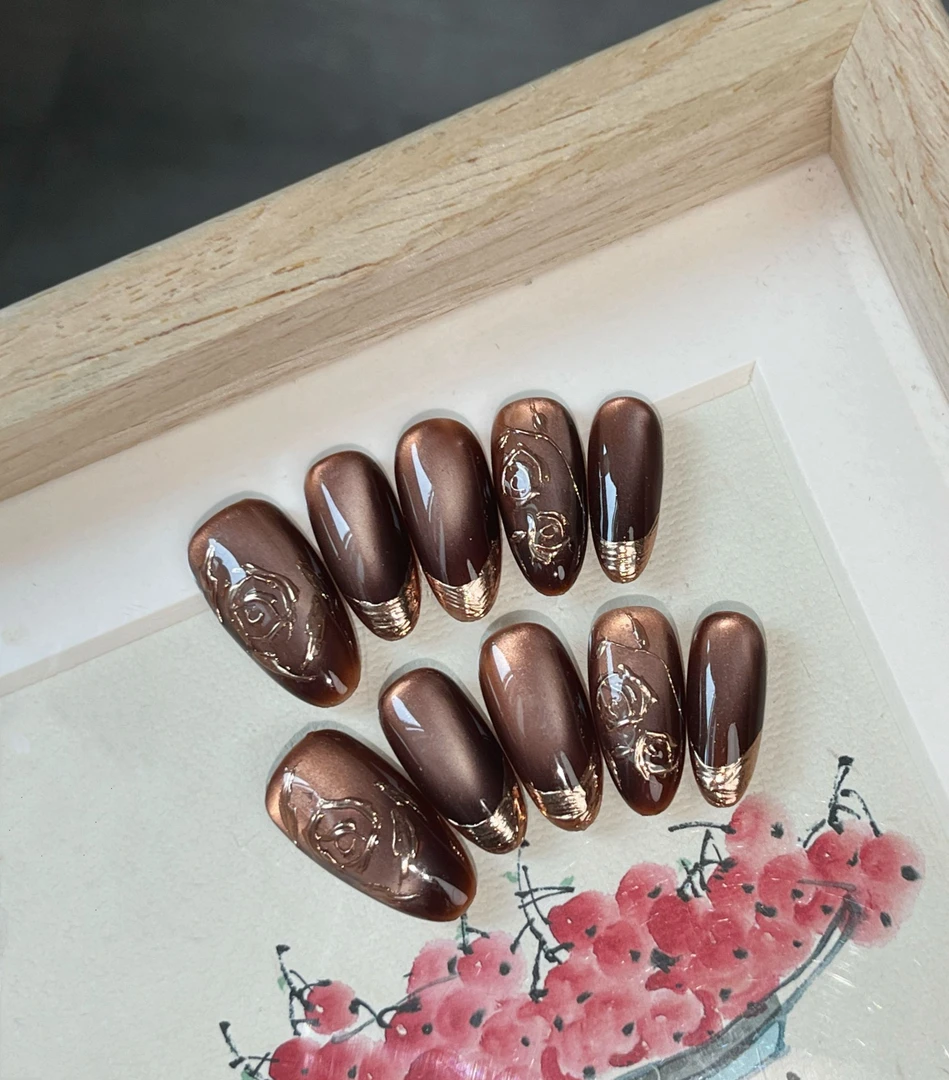 【无名玫瑰】珍珍手工穿戴甲秋冬显白咖色玻璃珠猫眼鎏金玫瑰法式