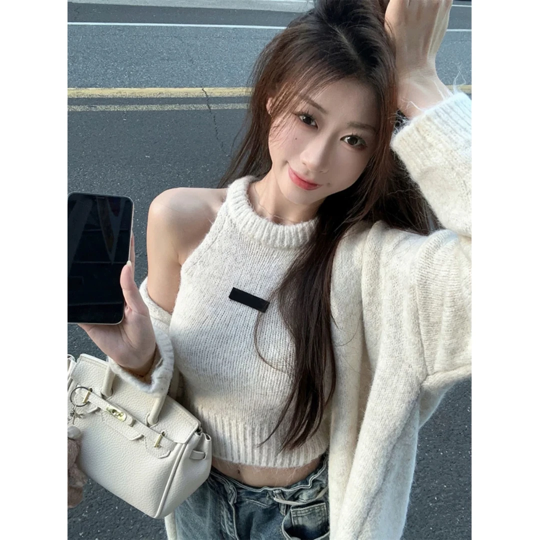 慵懒风保暖长袖毛衣外套辣妹显瘦打底针织背心女2024新款时尚套装