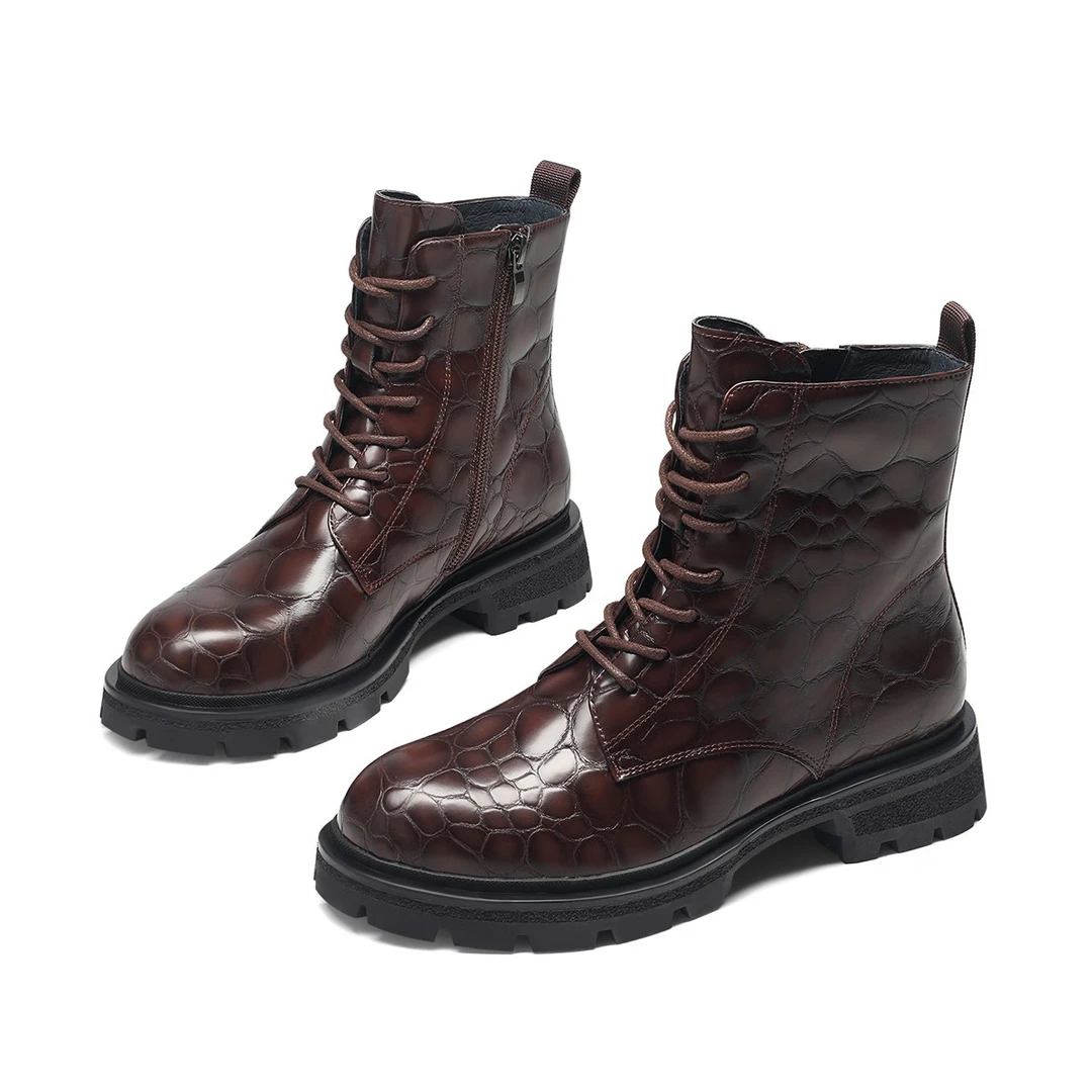 【单里】石头纹粗跟马丁靴春夏秋新款圆头低跟牛皮靴子女短靴百搭