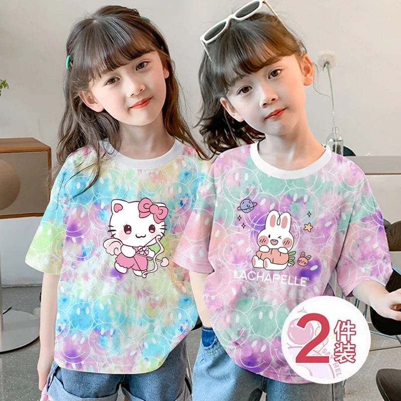 中大童扎染笑脸T恤2025夏季新款儿童卡通印花短袖女童百搭上衣潮