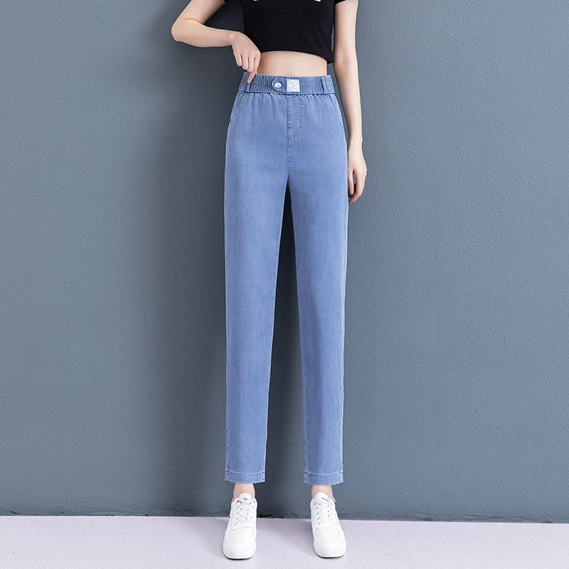 天丝牛仔裤薄款夏季宽松高腰直筒裤子女生九分裤子休闲显瘦哈伦裤