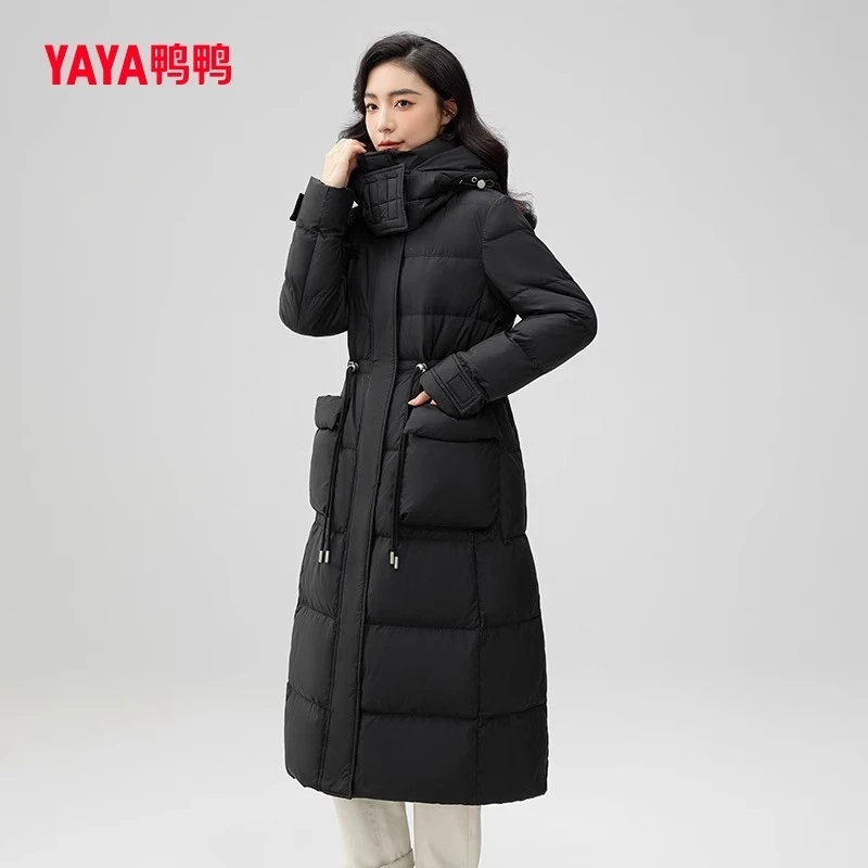 鸭鸭女长款过膝时尚抽绳收腰冬季保暖厚外套-LLSXH