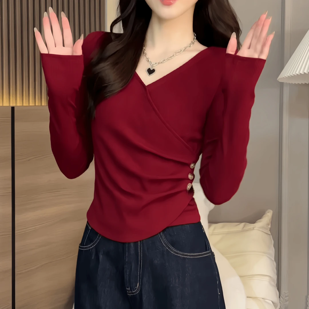 2024秋季新款时尚纯色百搭设计感修身显瘦洋气长袖上衣T恤v领打底