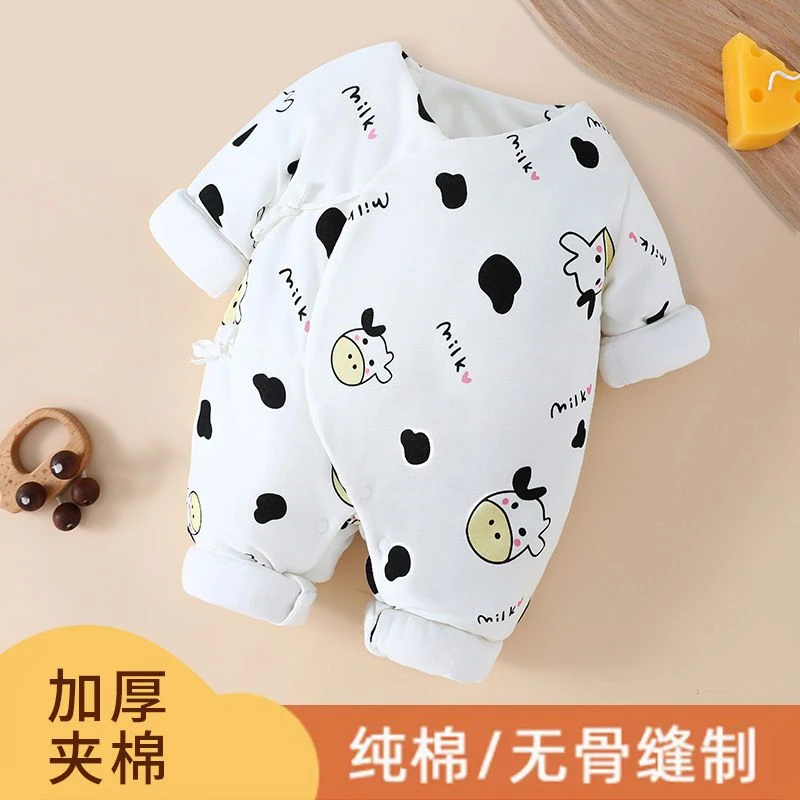 新生儿夹棉加厚保暖连体衣a类秋冬纯棉无骨宝宝偏襟系带婴儿哈衣