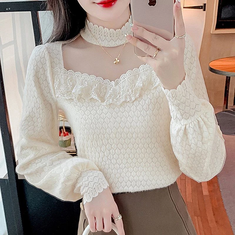 半高领网纱拼接蕾丝内搭2024秋冬新款加绒秋季木耳边洋气显瘦上衣