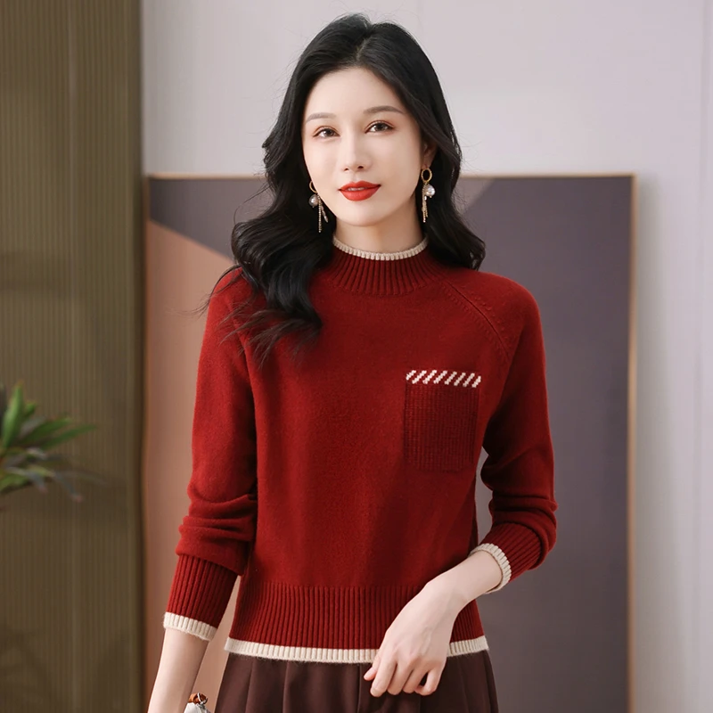 设计感羊毛衫冬季加厚红色毛衣打底衫女内搭洋气高贵妈妈针织上衣