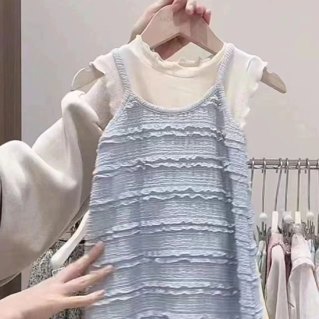 RBCK-27 蓝色吊带裙 米色针织背心套装