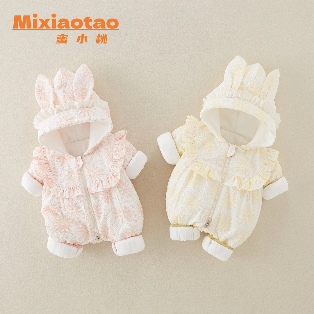 连帽太阳花外出服夹厚棉婴儿宝宝闭档加厚幼儿新生儿加厚