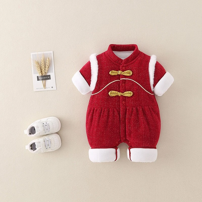 安可拉红冬款加厚夹棉闭档连体衣哈衣婴儿宝宝满月百日宴童装衣服